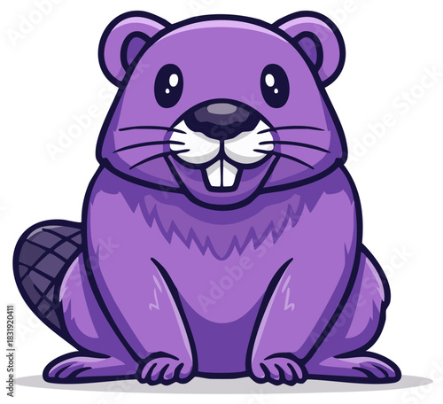 Cute purple cartoon beaver character sitting and smiling. Adorable friendly animal mascot with big teeth.