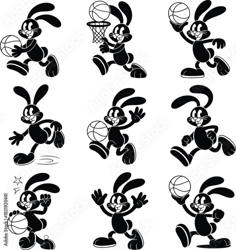 Black cartoon rabbit playing basketball in multiple poses