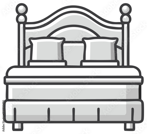 Simple illustration of a double bed with pillows and a decorative headboard