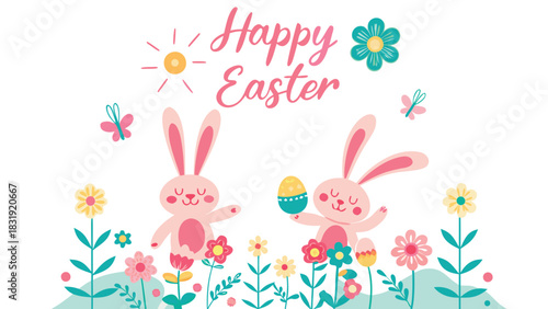 Cute cartoon happy easter greeting card with two pink bunnies holding decorated eggs surrounded by colorful flowers and butterflies on a white background with a smiling sun
