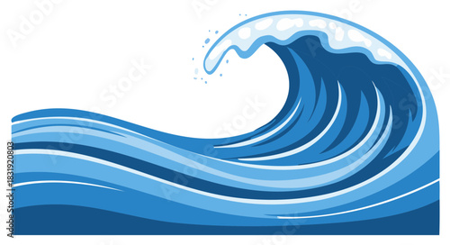 Dynamic blue ocean wave illustration with crashing foam, stylized water drawing graphic