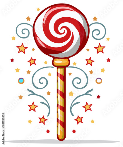 Festive round lollipop with red and white swirl, accompanied by decorative stars and swirls for cheerful designs