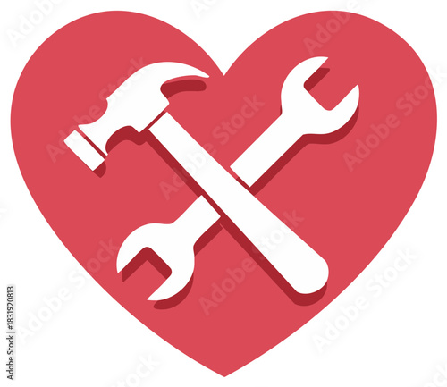 Red Heart with White Hammer Wrench Tools Icon Symbolizing Love Home Repair and Maintenance