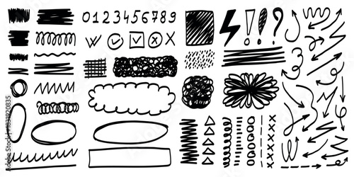 Collection of hand-drawn doodle elements including arrows, scribbles, symbols, numbers, and highlight shapes in black marker style on white background