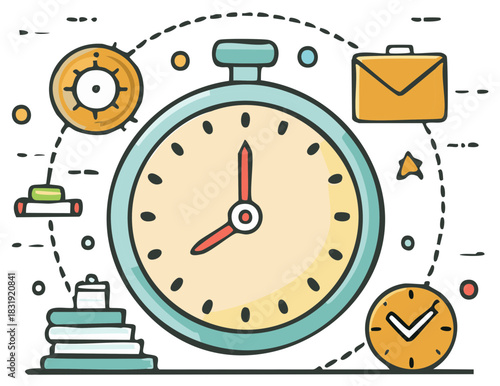 Task Management Illustration with Stopwatch, Clock, Briefcase and Books
