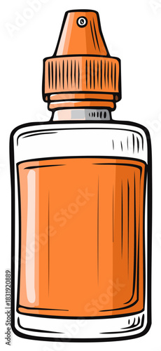 Cartoon illustration of a medical or cosmetic spray bottle with orange liquid