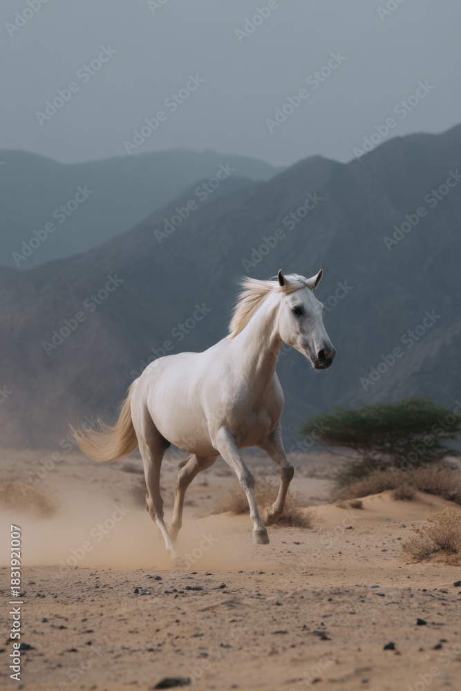 Obraz premium Majestic white horse galloping in desert landscape with mountain backdrop
