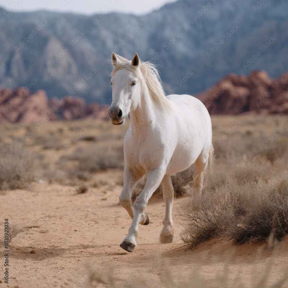 Obraz premium Majestic white horse galloping in desert with rocky mountain background