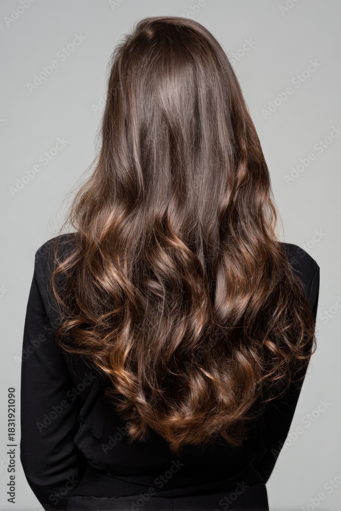 Fototapeta premium Brunette female with long wavy hair from back view in black outfit