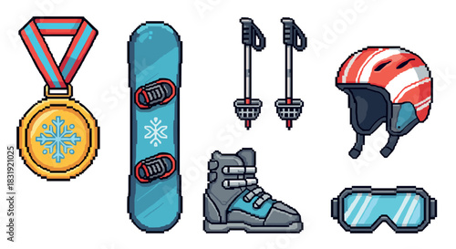 Winter sports equipment pixel art icon set including a snowboard, medal, helmet, goggles, boot, and poles in a retro 8-bit video game style