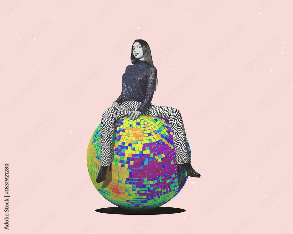 Obraz premium Flat design. Party girl sitting on a large mirror disco ball. Party, carnival Time concept
