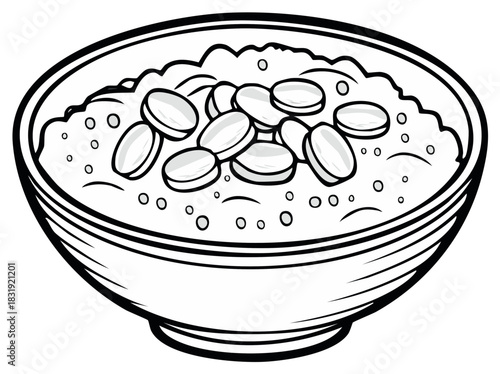 Bowl of food illustration, healthy breakfast, with tasty grains and circle-shaped ingredients.