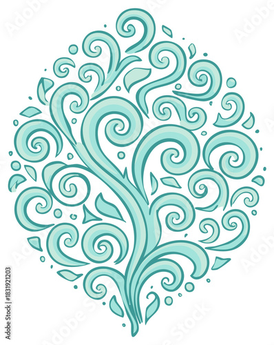 Elegant ornamental design with swirling aqua green vines and curls in a flowing pattern