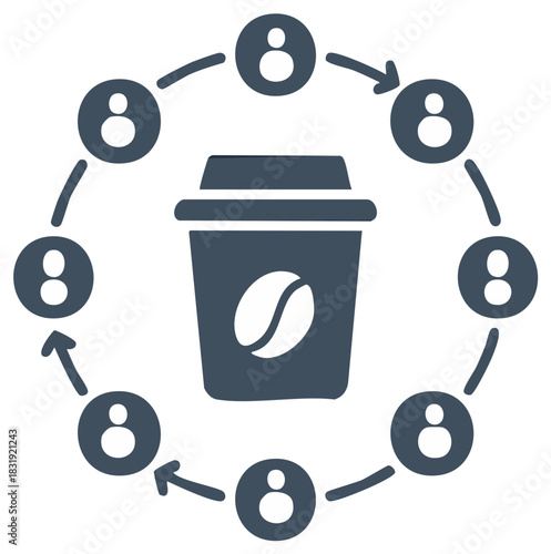 Coffee cup surrounded by people icons showing a network or community connection