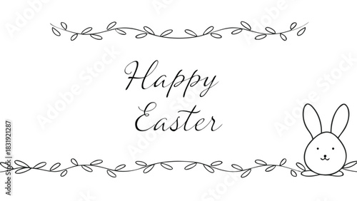 Simple black and white illustration with the text happy easter and a cute bunny on the right side framed by delicate floral borders