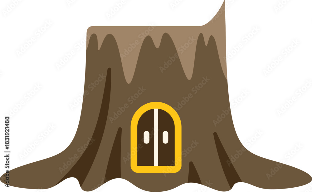 Naklejka premium Whimsical tree stump house with yellow double door, offering a charming dwelling nestled in nature