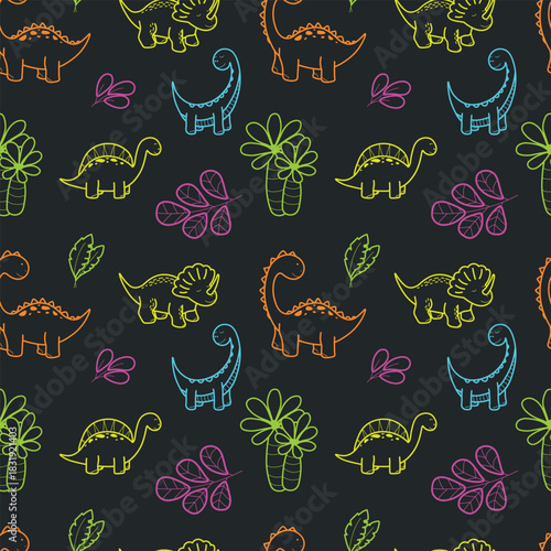 Seamless Neon Dinosaur Pattern on Dark Background