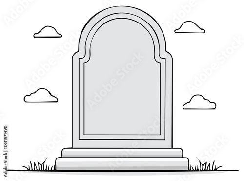 Blank Headstone Monument with Arch Top Grass and Clouds Simple Cartoon Drawing