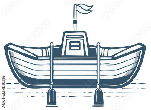 Minimalist boat illustration with paddles and flag, water, nautical vessel, maritime transport