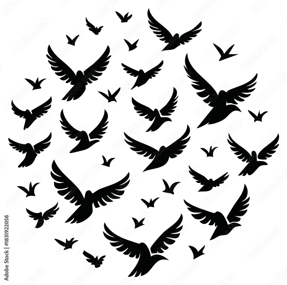 Obraz premium Flock of black bird silhouettes flying in a dynamic circular pattern an artistic graphic design concept