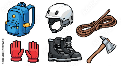 Hiking and climbing gear pixel art set featuring a backpack, helmet, rope, gloves, boots, and axe in a retro 8-bit video game style, isolated on white