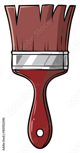 Red paint brush with detached bristles and a silver ferrule