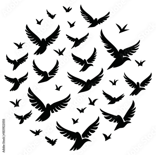 Flock of black bird silhouettes flying in a dynamic circular pattern an artistic graphic design concept