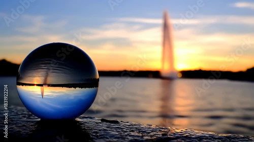 Crystal ball reflecting a sunset over water with a fountain