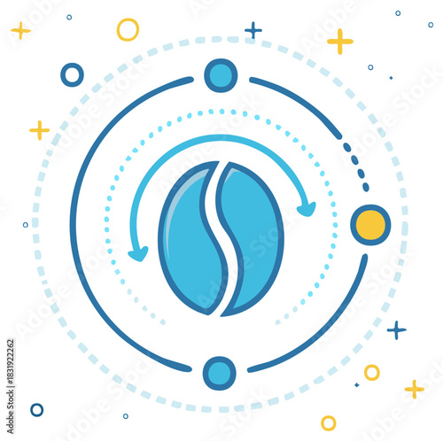 Modern blue coffee bean with circular process arrows and graphic elements, illustrating production cycle or workflow.