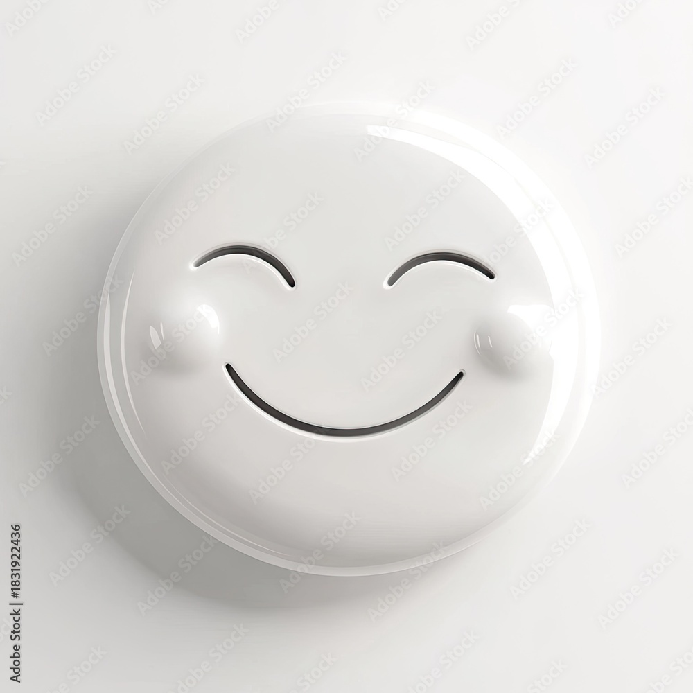 Fototapeta premium White, glossy emoticon face, happy and cheerful. Round, simple design