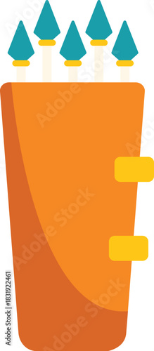 Five teal arrows with points facing upwards are held in an orange quiver