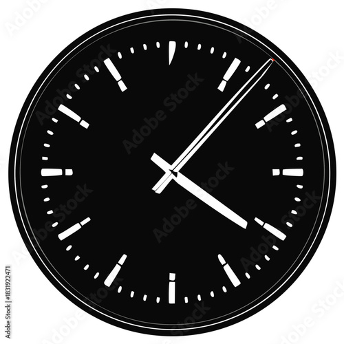 Classic black and white analog clock face with ticking red second hand for time management