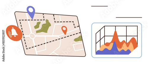 Digital map with location pins, notification icon, and a graph showing data trends. Ideal for logistics, GPS navigation, smart alerts, business insights, analytics, geofencing simple flat metaphor