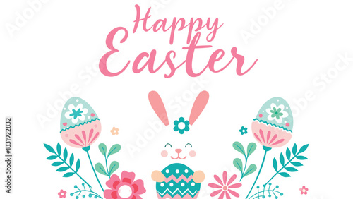 A charming and festive illustration of a cute cartoon bunny holding an easter egg surrounded by colorful flowers and decorative easter eggs with a happy easter greeting