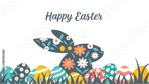 Happy easter greeting card featuring a stylized floral bunny silhouette surrounded by colorful decorated easter eggs nestled in grass against a white background