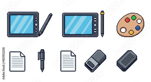 Set of pixel art icons for artists featuring a graphics tablet, stylus, paint palette, and documents in a retro 8-bit video game style