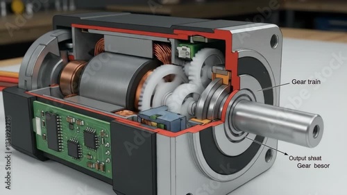 Servo motor cutaway revealing dc motor, gear train, potentiometer, commutator, control circuit board and output shaft, highlighting mechanical and electronic components for robotics and automation
