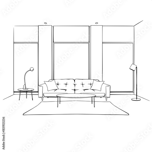 Black and white architectural concept drawing of a contemporary living room with clean edges, flattened shading, and precise furniture placement on a soft central rug, featuring a sleek sofa with low 