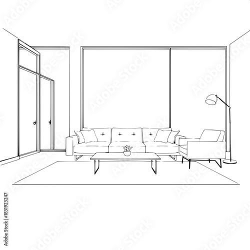Black and white architectural concept drawing of a contemporary living room with clean edges, flattened shading, and precise furniture placement on a soft central rug, featuring a sleek sofa with low 