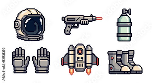 Pixel art astronaut equipment set with helmet, blaster, jetpack, boots, gloves, and oxygen tank in a retro 8-bit video game style,