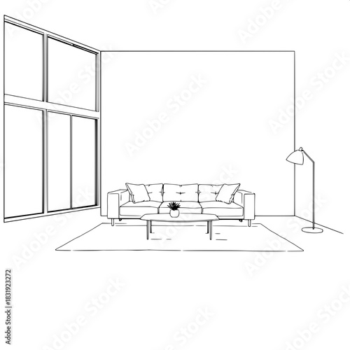 Black and white architectural concept drawing of a contemporary living room with clean edges, flattened shading, and precise furniture placement on a soft central rug, featuring a sleek sofa with low 