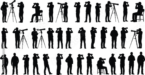 Binocular and telescope silhouette, people observing, stargazing, bird watching, seated and standing poses, optical device usage, black vector graphic