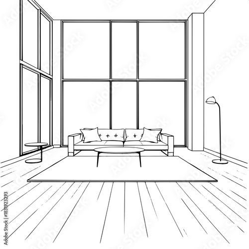 Black and white architectural concept drawing of a contemporary living room with clean edges, flattened shading, and precise furniture placement on a soft central rug, featuring a sleek sofa with low 