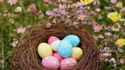 Colorful Easter eggs in a nest surrounded by wildflowers