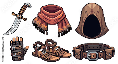 Pixel art set of fantasy adventurer equipment including a dagger, hood, scarf, glove, sandals, and belt for a game character,