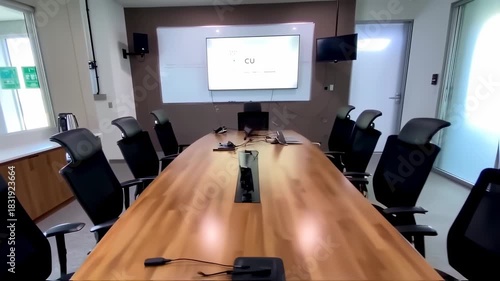 Oval conference table with black mesh chairs in a modern office space