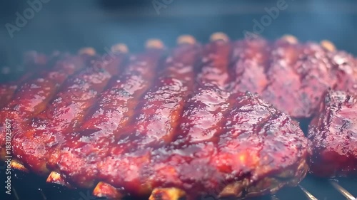 Close-up of BBQ ribs, glazed and smoking on a grill