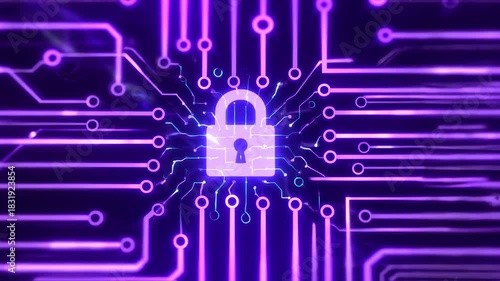 Neon purple circuit board with a central lock graphic.  Bright, glowing lines and circles of vibrant purple and teal color against a dark background. 
