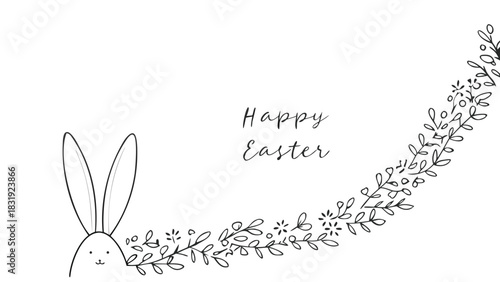 Minimalist hand drawn illustration of a cute bunny peeking from behind a delicate floral border with the text happy easter in elegant script on a white background