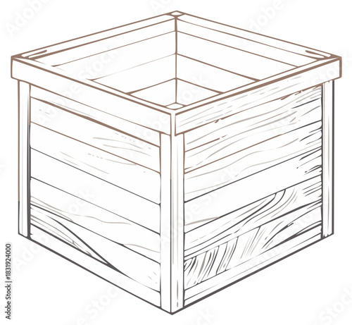 Rustic wooden planter box with wood grain texture in outline drawing style